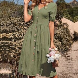 Gorgeous Button Down V-neck Olive Green Dress. NWT